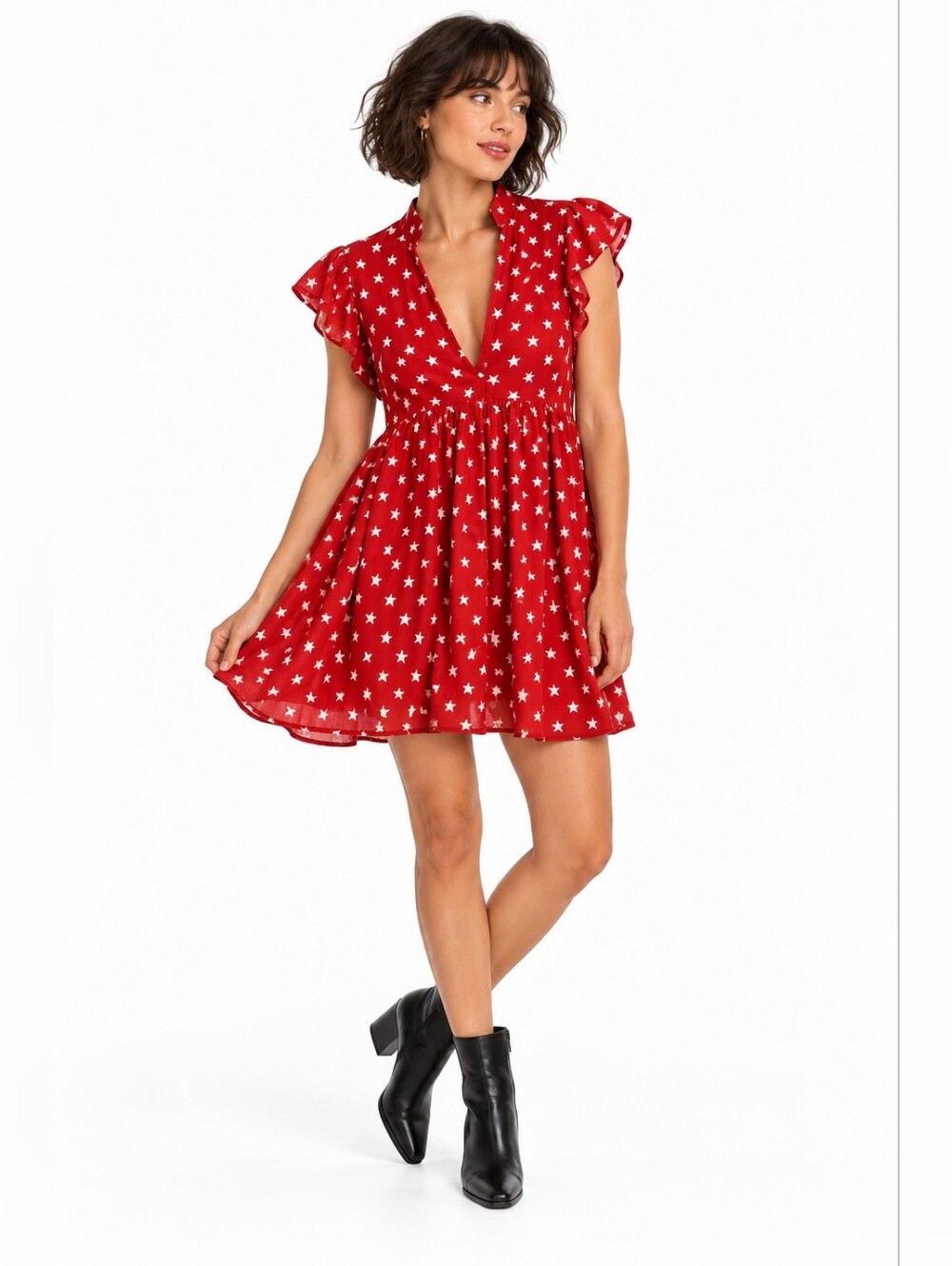 Motel Rocks Red White Star Print Ruffle Mini Dress S